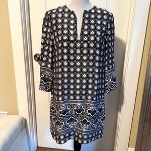 Tory Burch Silk Shift Tunic Dress Geometric Design in Grays